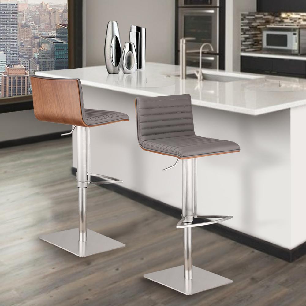 Grey Faux Leather Armless Swivel Bar Stool with Brushed Stainless Steel Base. Picture 7