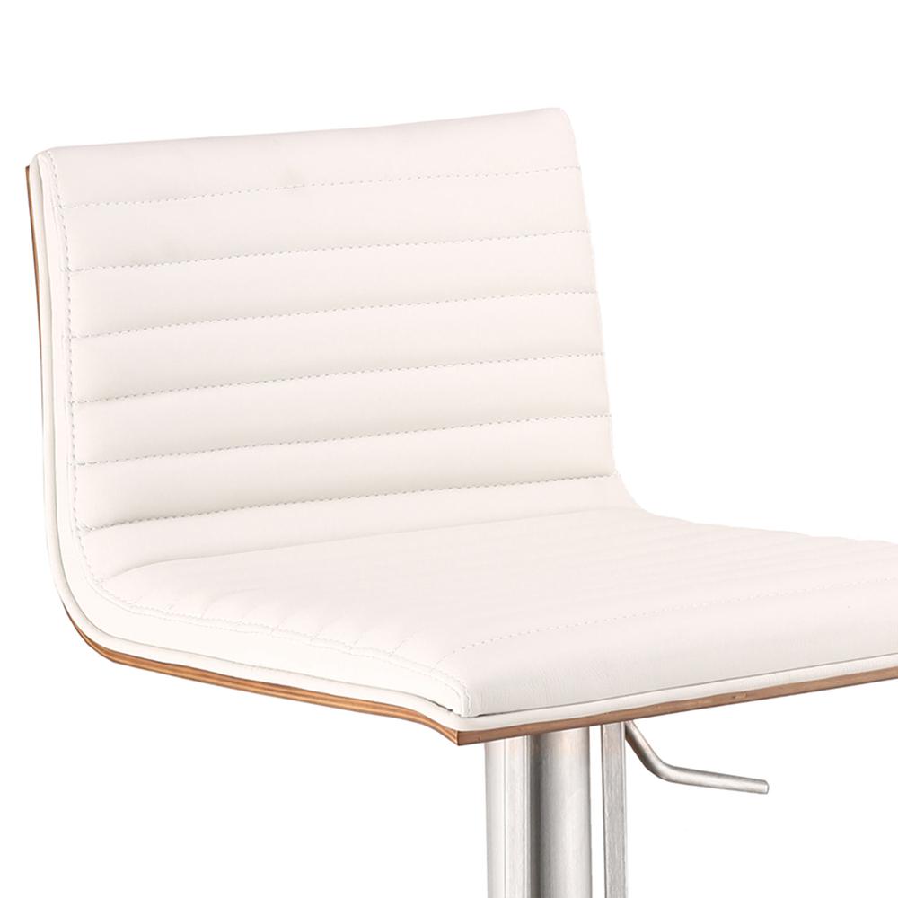 White Faux Leather Armless Swivel Bar Stool with Brushed Stainless Steel Base. Picture 4