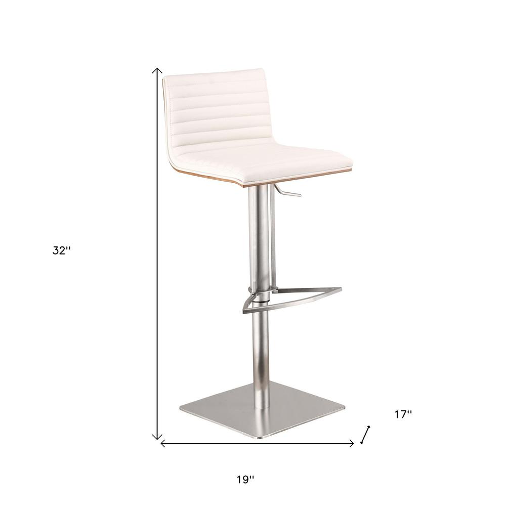 White Faux Leather Armless Swivel Bar Stool with Brushed Stainless Steel Base. Picture 9