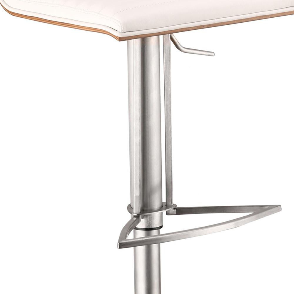 White Faux Leather Armless Swivel Bar Stool with Brushed Stainless Steel Base. Picture 8