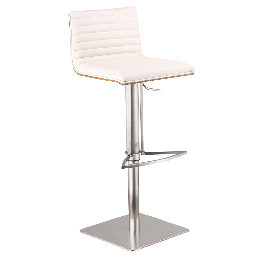 White Faux Leather Armless Swivel Bar Stool with Brushed Stainless Steel Base. Picture 1