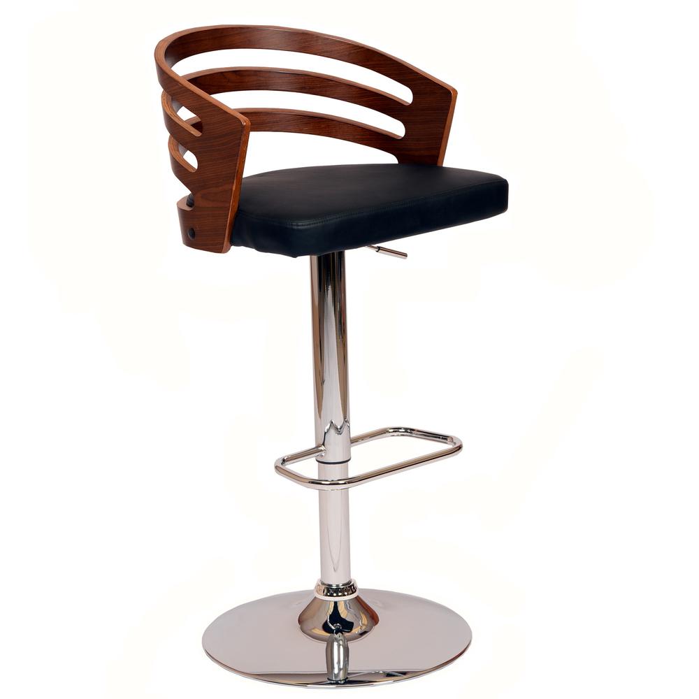 Black Faux Leather Walnut and Chrome Adjustable Swivel Bar Stool. Picture 1
