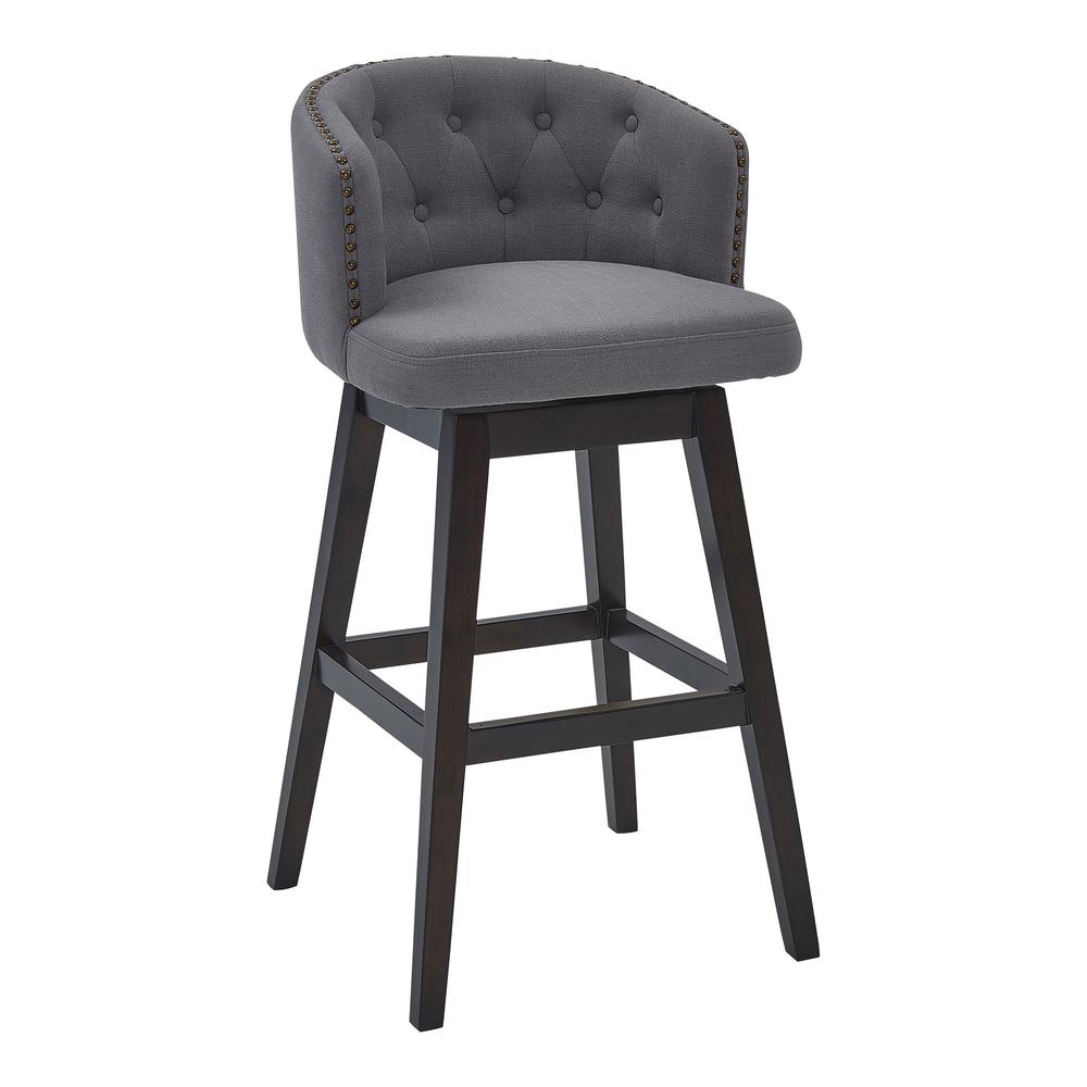 26" Grey Tufted Fabric and Dark Espresso Wood Swivel Bar Stool. Picture 1