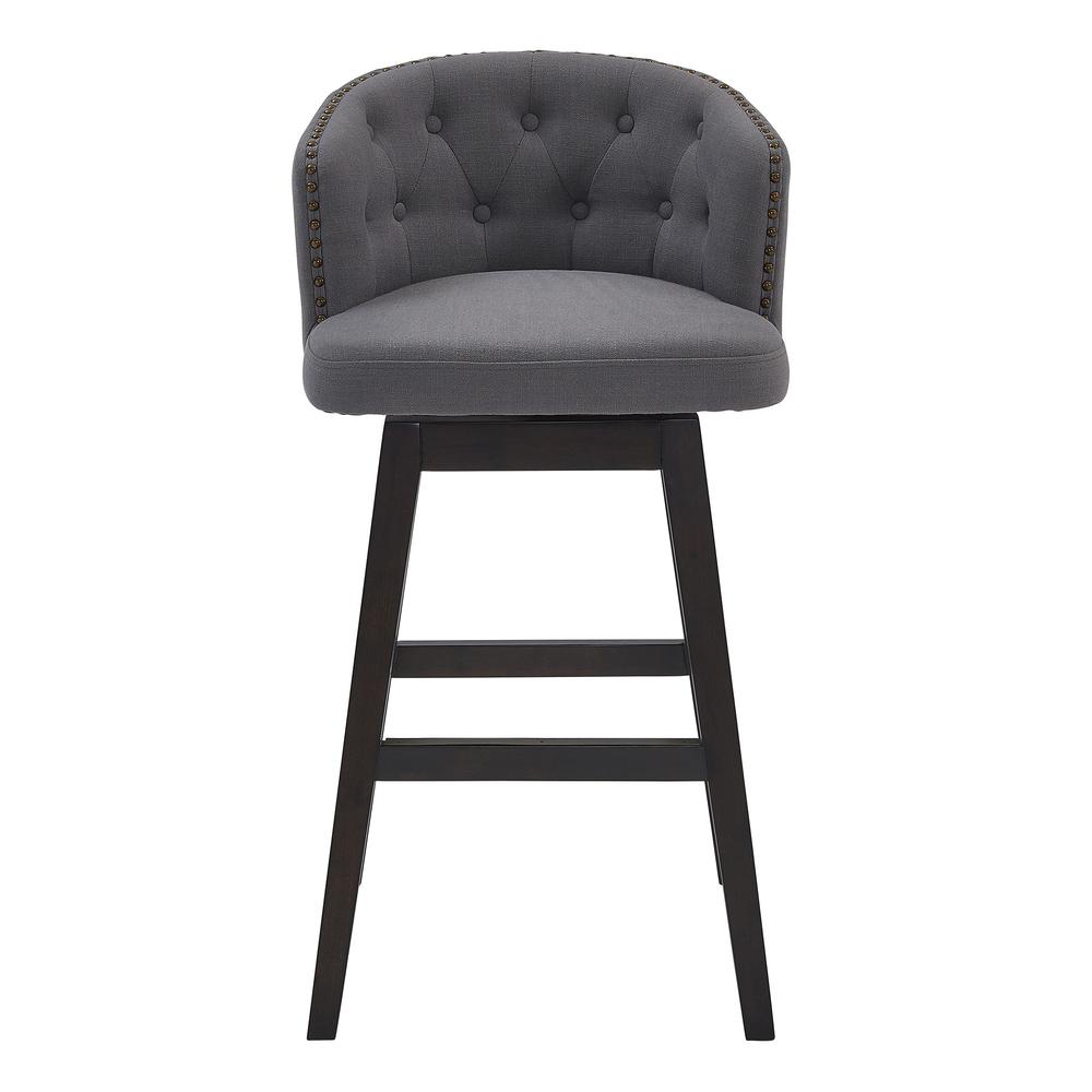 26" Grey Tufted Fabric and Dark Espresso Wood Swivel Bar Stool. Picture 2