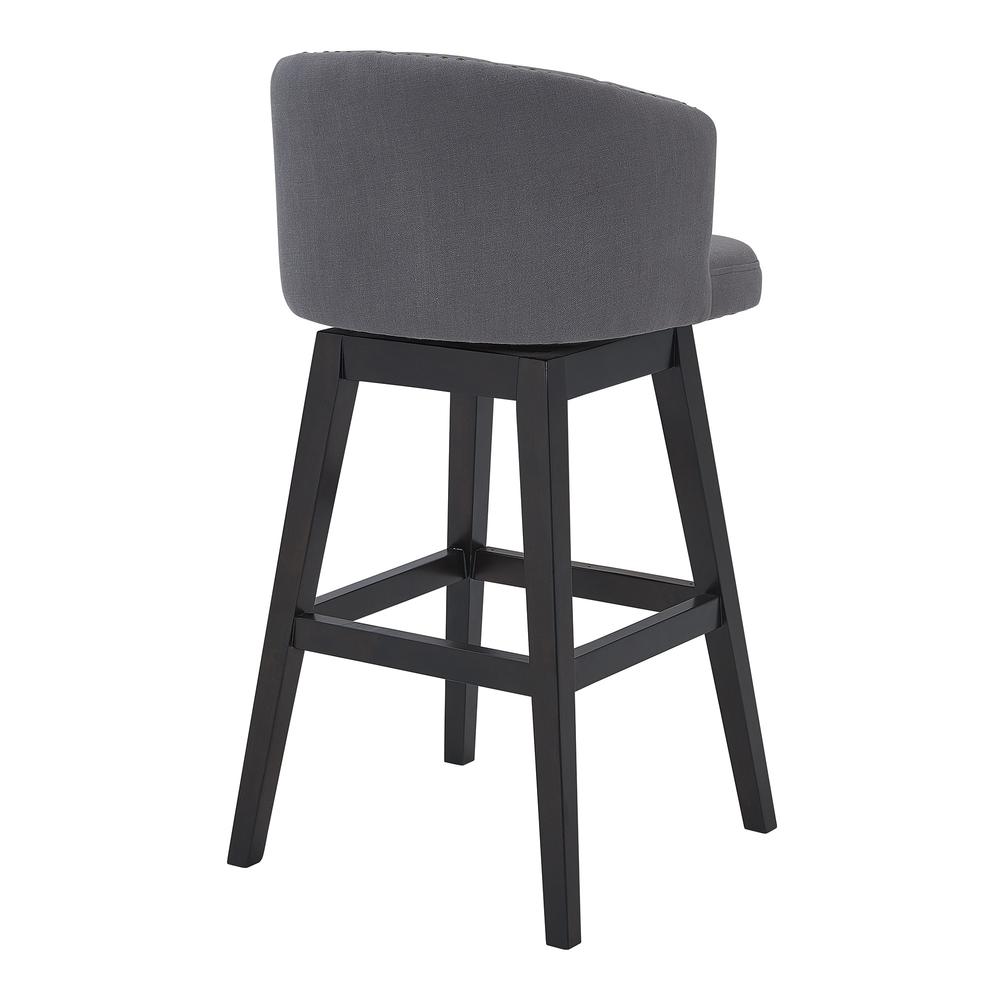 26" Grey Tufted Fabric and Dark Espresso Wood Swivel Bar Stool. Picture 3