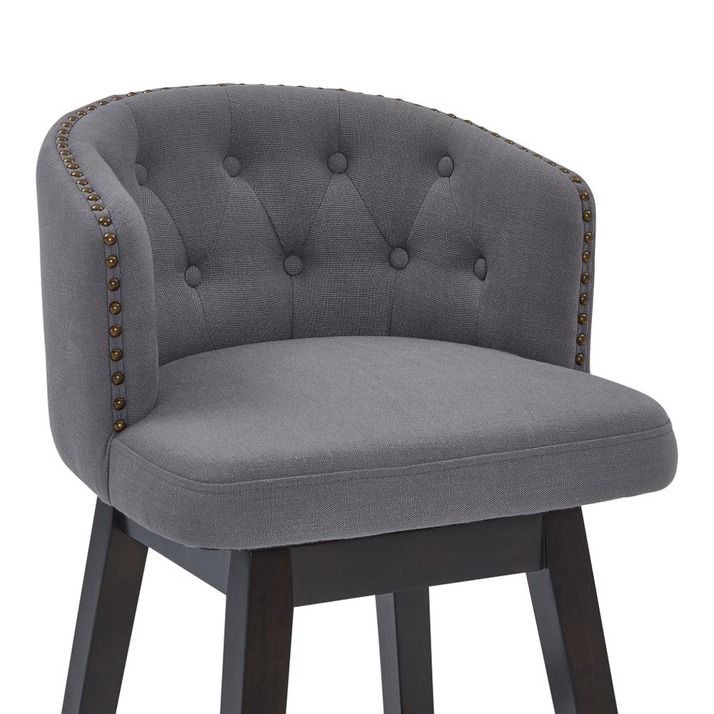 26" Grey Tufted Fabric and Dark Espresso Wood Swivel Bar Stool. Picture 4