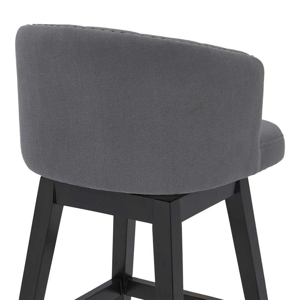 26" Grey Tufted Fabric and Dark Espresso Wood Swivel Bar Stool. Picture 5