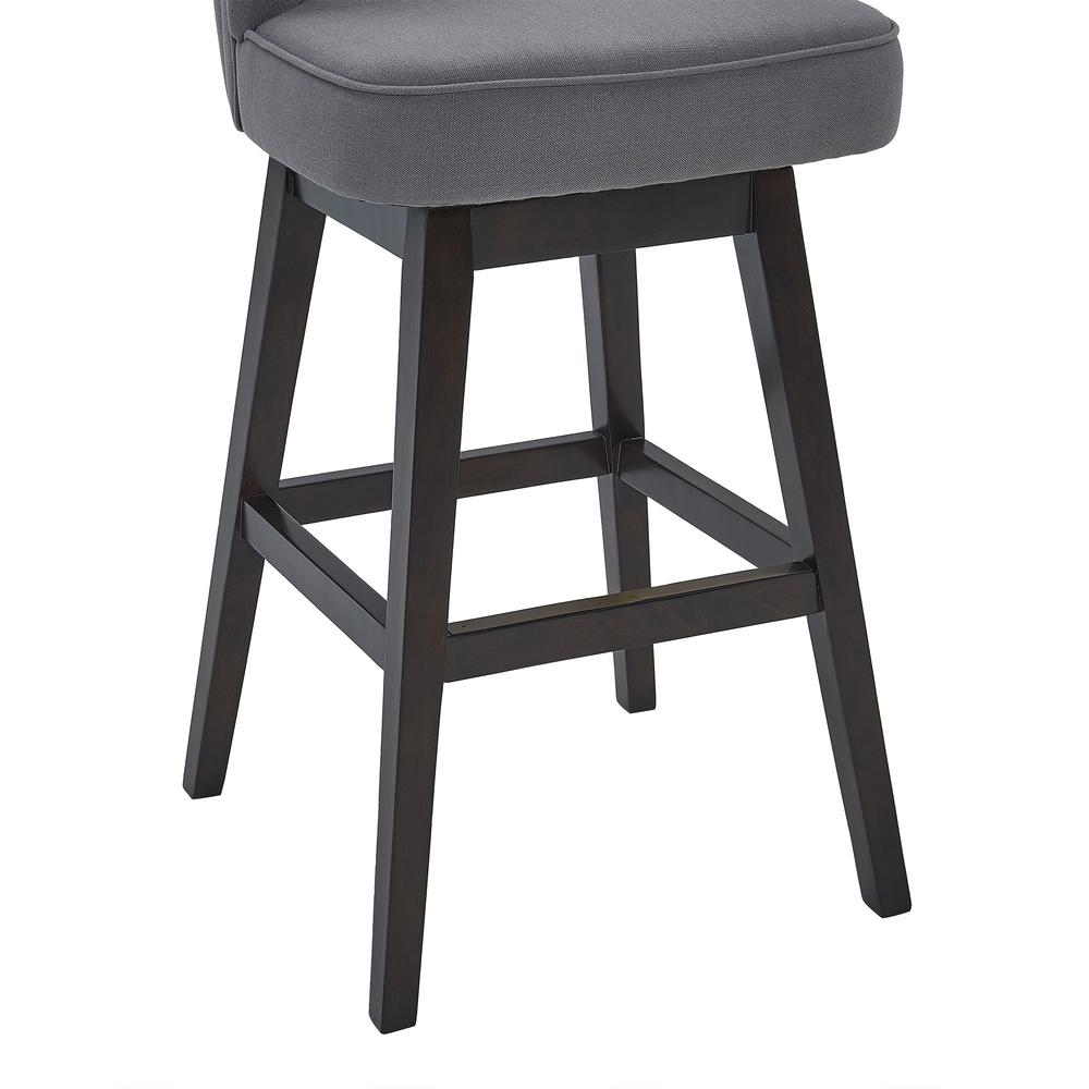 26" Grey Tufted Fabric and Dark Espresso Wood Swivel Bar Stool. Picture 6