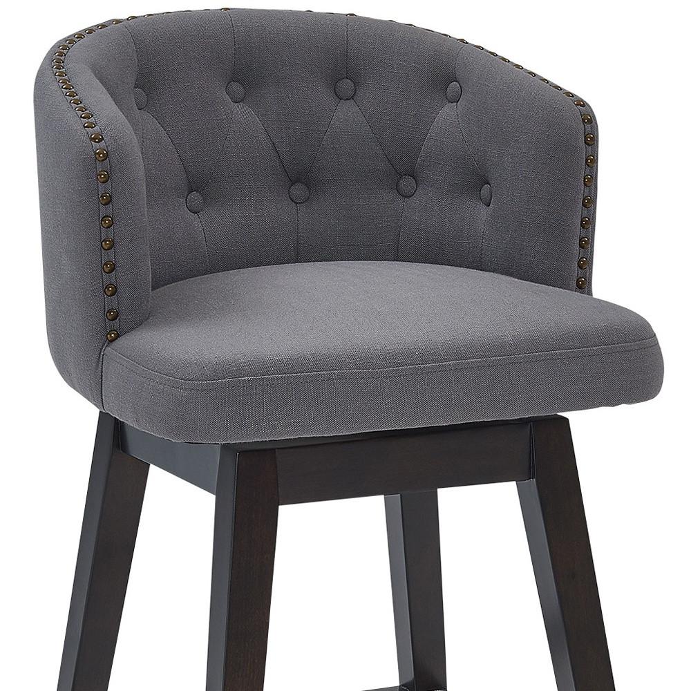 30" Grey Tufted Fabric and Dark Espresso Wood Swivel Bar Stool. Picture 9