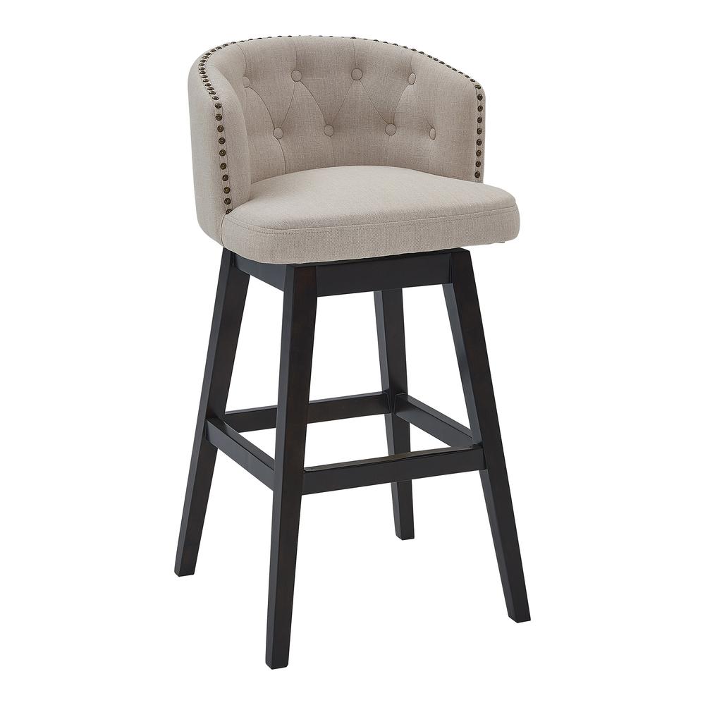 30" Tan Tufted Fabric and Dark Espresso Wood Swivel Bar Stool. Picture 1