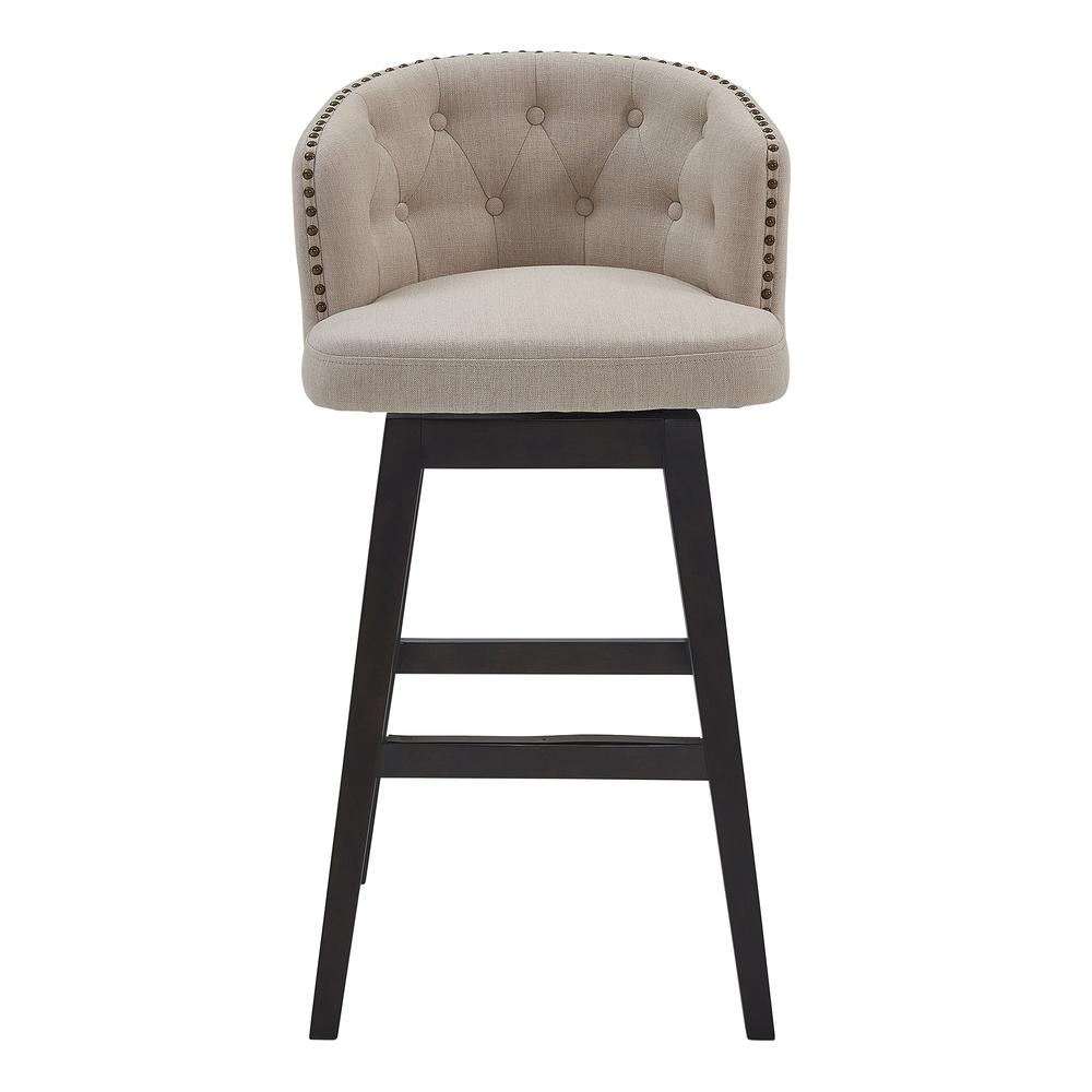 30" Tan Tufted Fabric and Dark Espresso Wood Swivel Bar Stool. Picture 2