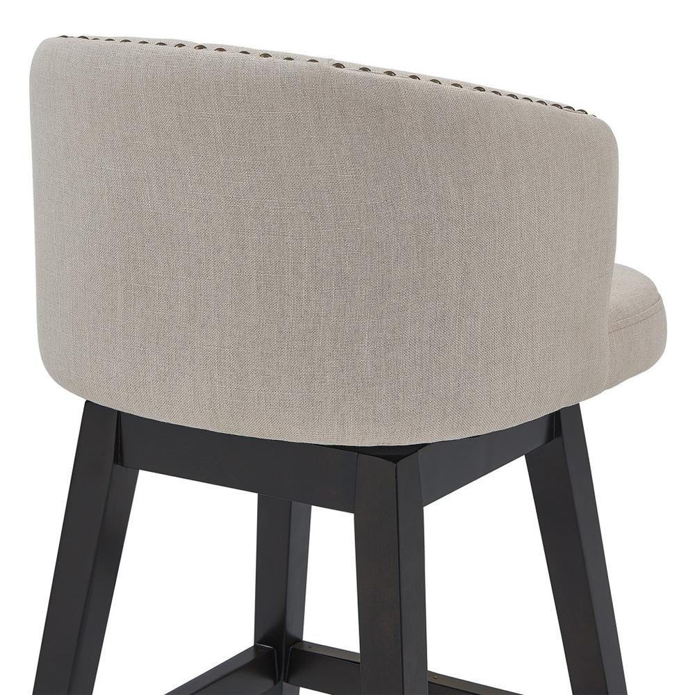 30" Tan Tufted Fabric and Dark Espresso Wood Swivel Bar Stool. Picture 5