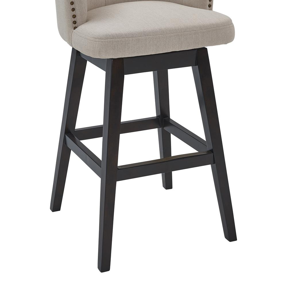 30" Tan Tufted Fabric and Dark Espresso Wood Swivel Bar Stool. Picture 6