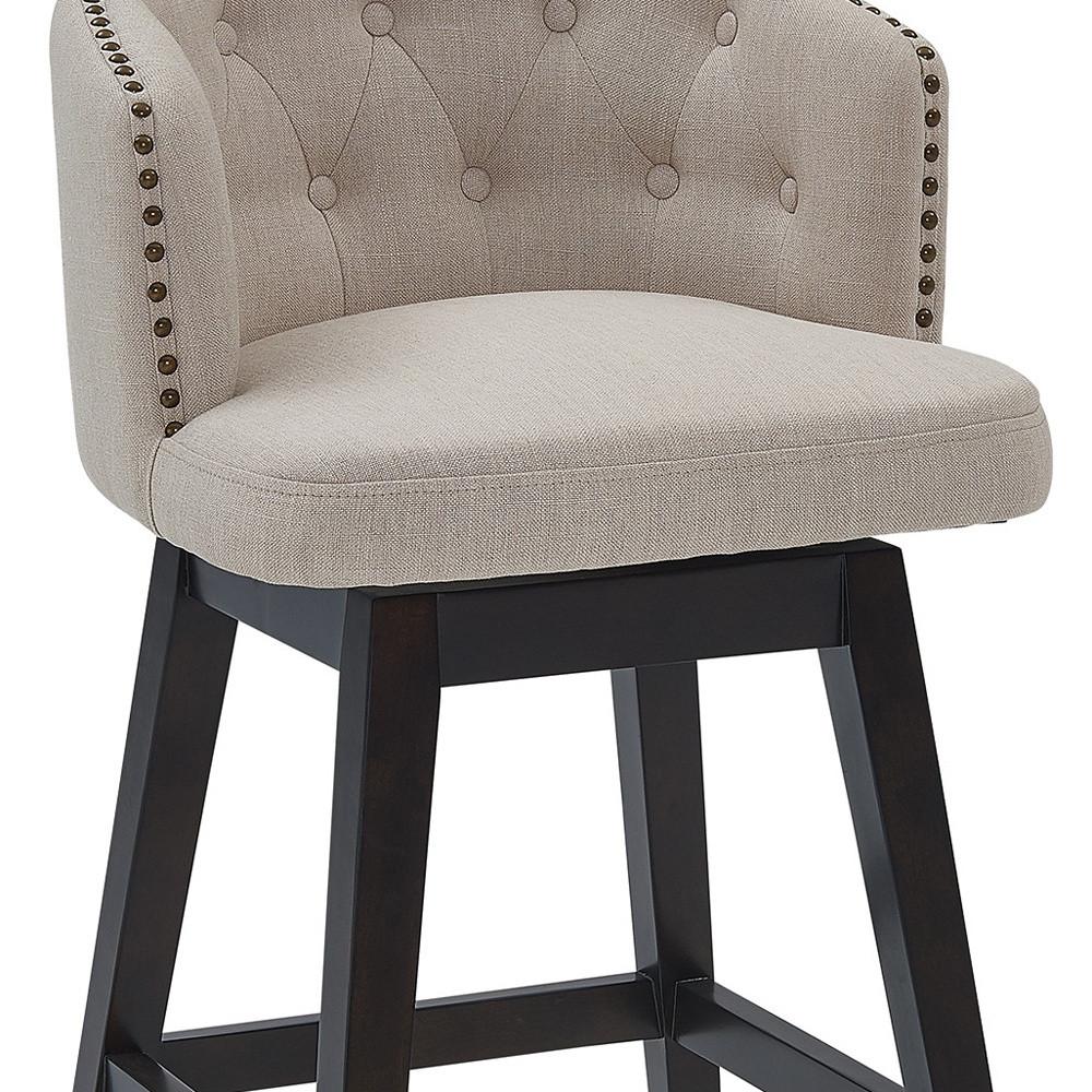 30" Tan Tufted Fabric and Dark Espresso Wood Swivel Bar Stool. Picture 9