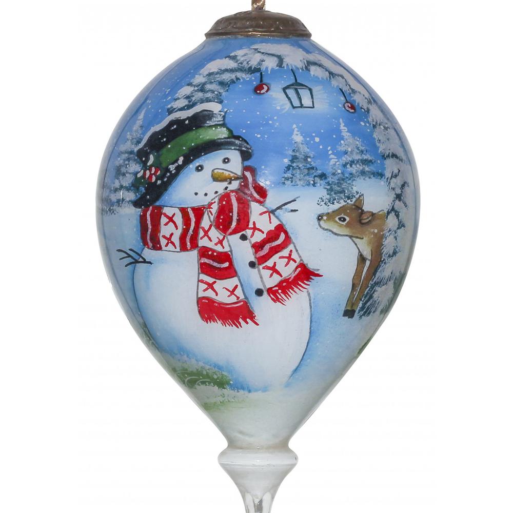 Adorable Snowman and Deer Hand Painted Mouth Blown Glass Ornament. Picture 1
