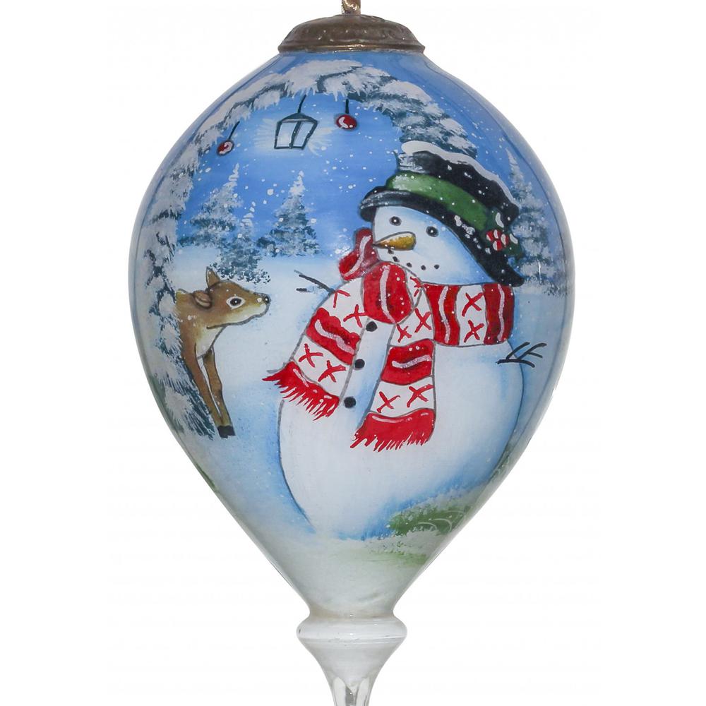 Adorable Snowman and Deer Hand Painted Mouth Blown Glass Ornament. Picture 2
