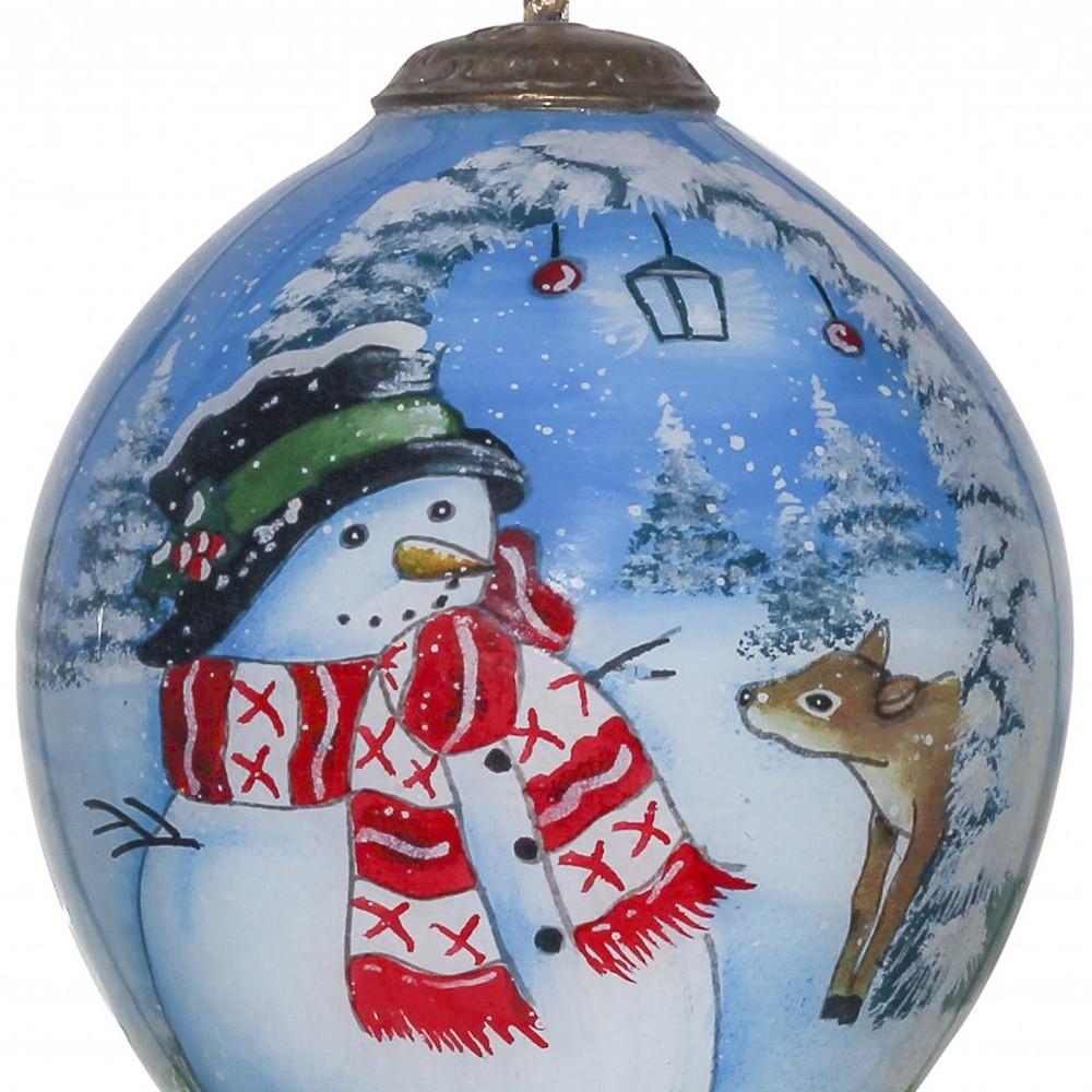 Adorable Snowman and Deer Hand Painted Mouth Blown Glass Ornament. Picture 3