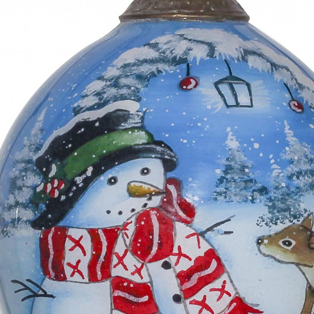 Adorable Snowman and Deer Hand Painted Mouth Blown Glass Ornament. Picture 4