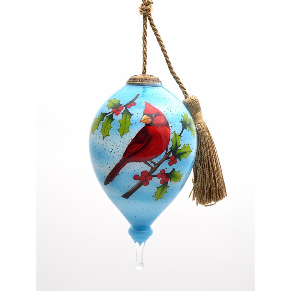 Red Cardinal on Christmas Holly Branches Hand Painted Mouth Blown Glass Ornament. Picture 1