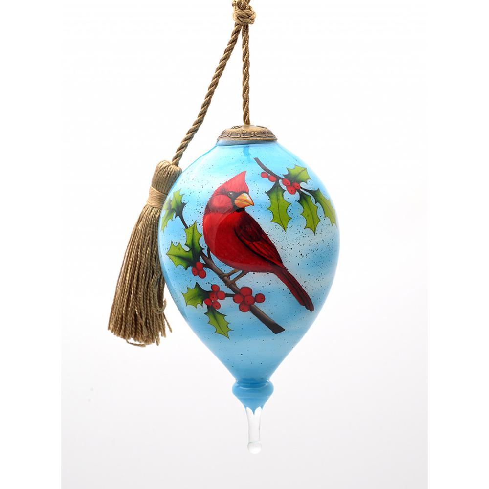 Red Cardinal on Christmas Holly Branches Hand Painted Mouth Blown Glass Ornament. Picture 2