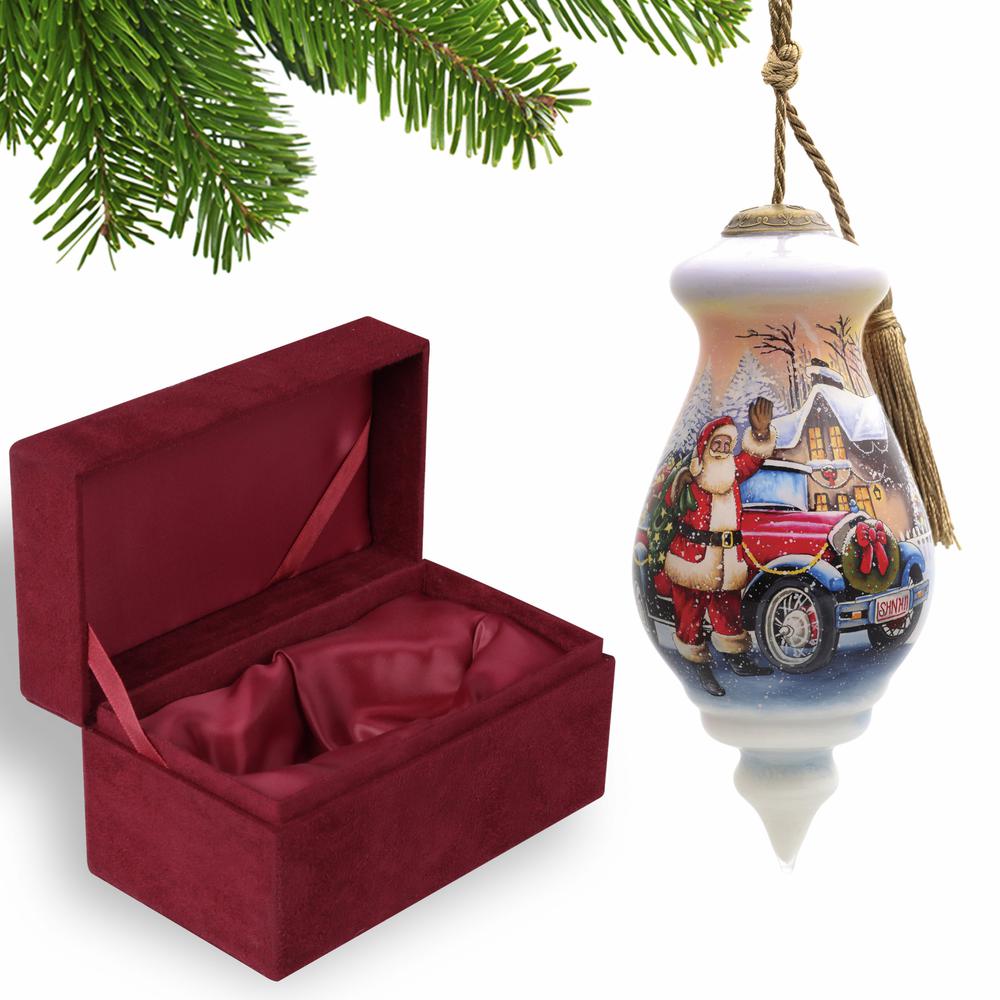 Vintage Car and Santa Waving Hand Painted Mouth Blown Glass Ornament. Picture 1