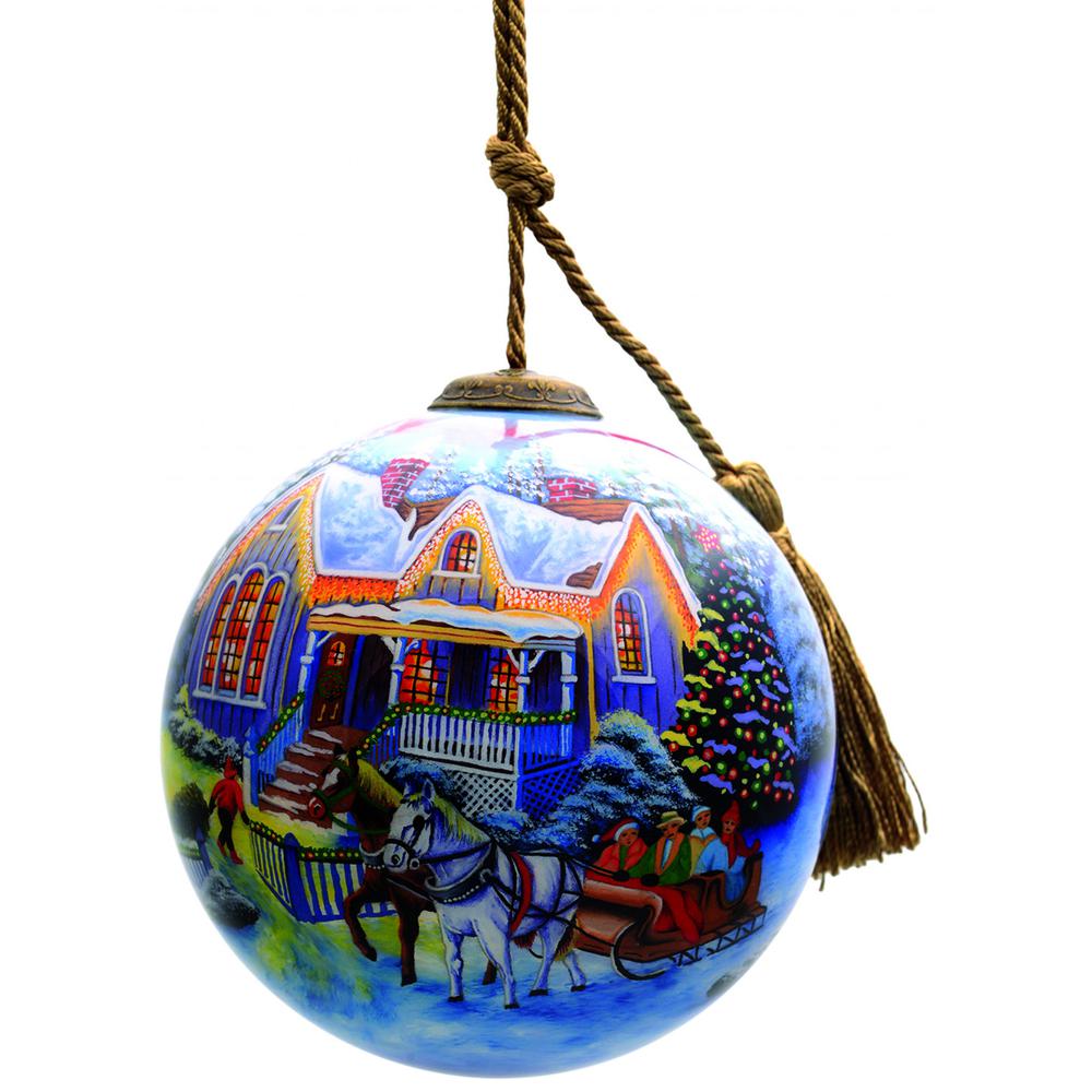 Christmas Home and Horse Carriage Hand Painted Mouth Blown Glass Ornament. Picture 1