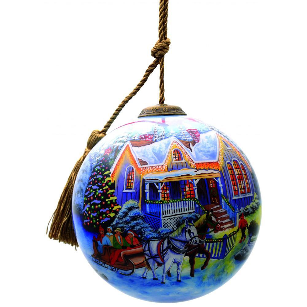 Christmas Home and Horse Carriage Hand Painted Mouth Blown Glass Ornament. Picture 2