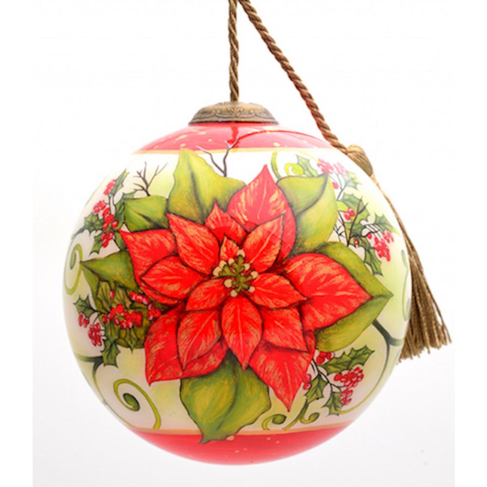 Poinsettia Flower Hand Painted Mouth Blown Glass Ornament. Picture 1