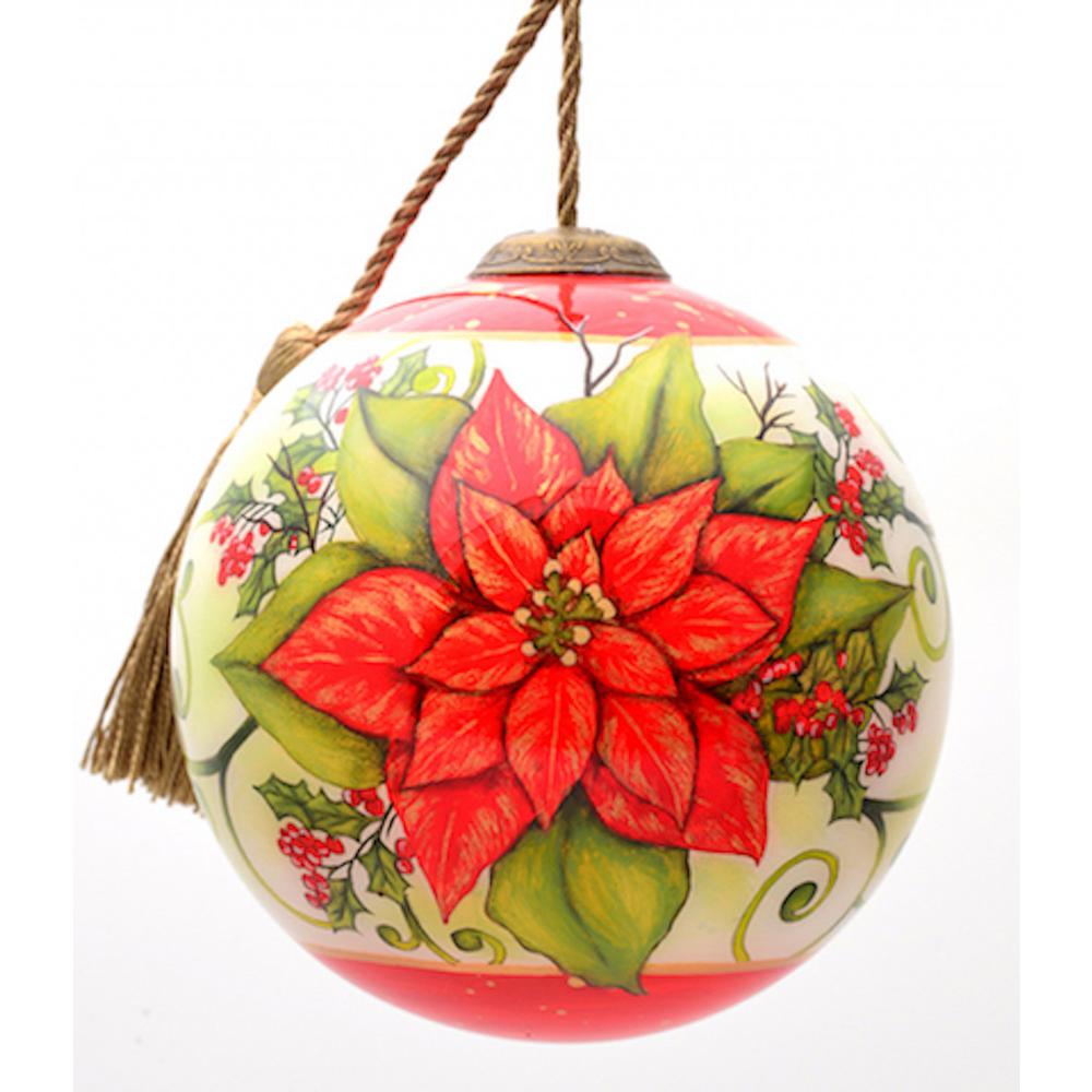 Poinsettia Flower Hand Painted Mouth Blown Glass Ornament. Picture 2
