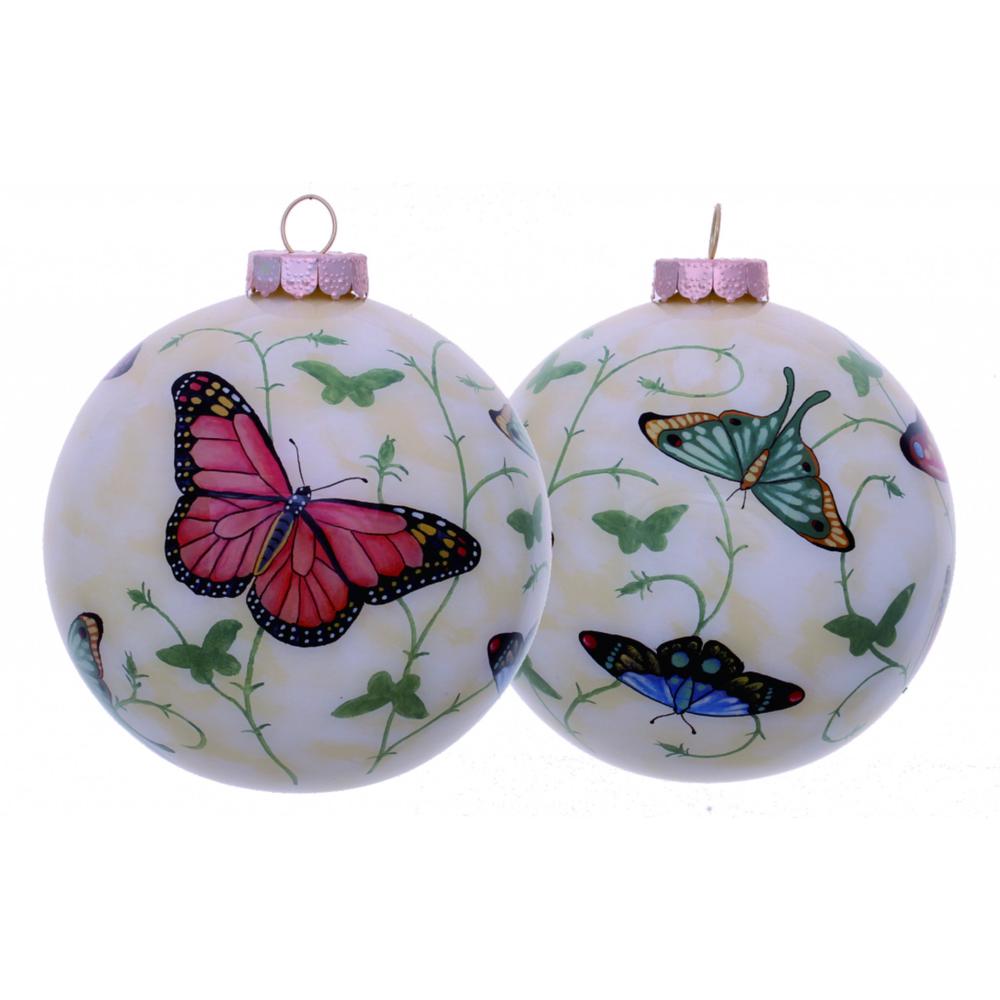Colorful Butterflies Hand Painted Mouth Blown Glass Ornament. Picture 1