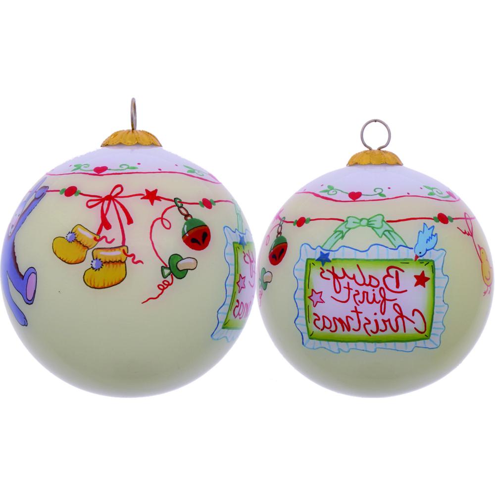 Baby's First Christmas with Motifs Hand Painted Mouth Blown Glass Ornament. Picture 2