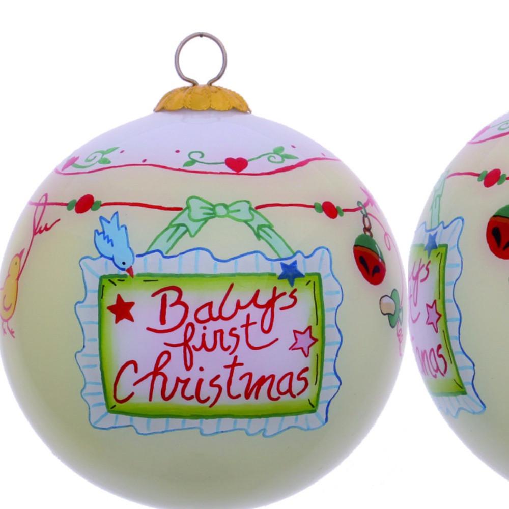 Baby's First Christmas with Motifs Hand Painted Mouth Blown Glass Ornament. Picture 3
