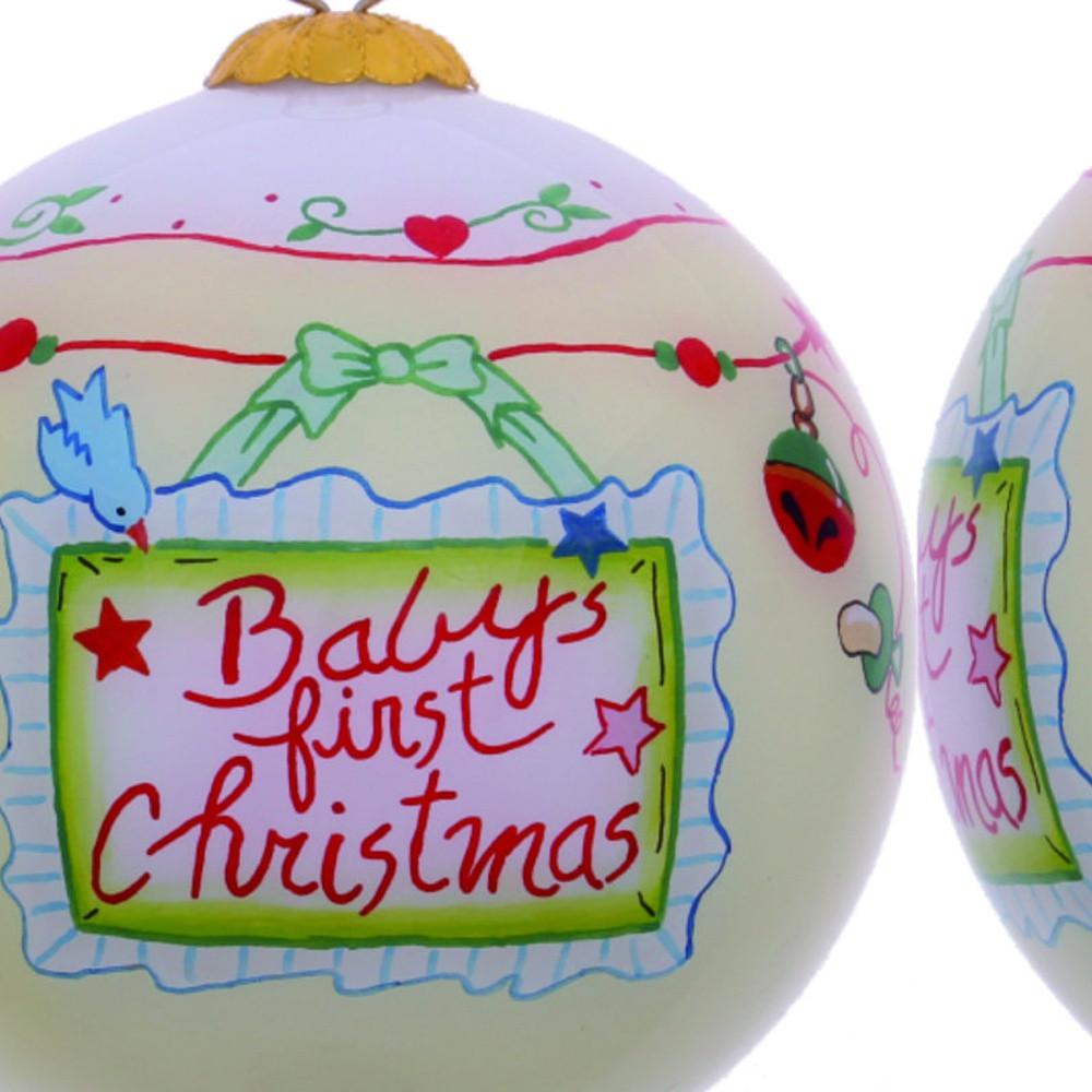 Baby's First Christmas with Motifs Hand Painted Mouth Blown Glass Ornament. Picture 4