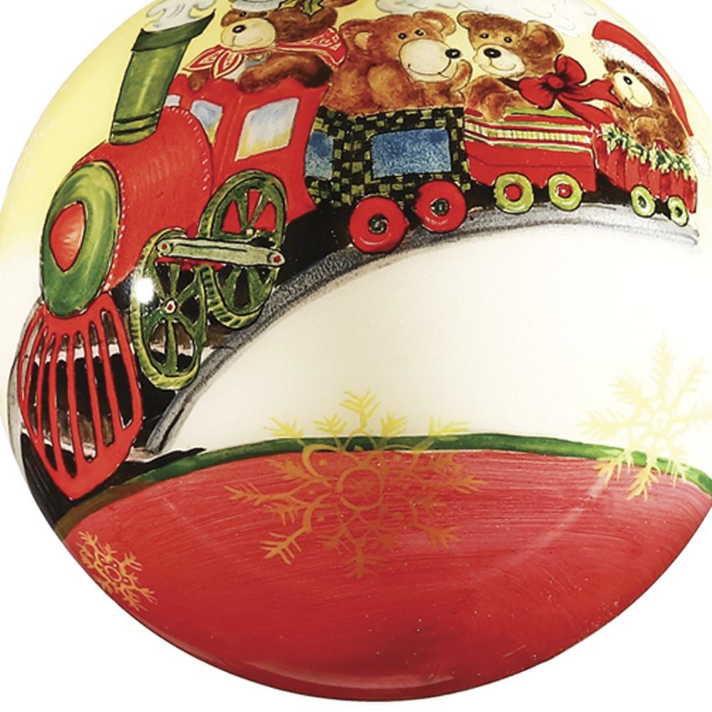 Teddy on Toy Train Hand Painted Mouth Blown Glass Ornament. Picture 3