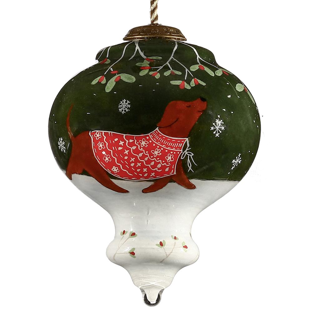 Trotting Dog in Comfy Christmas Attire Hand Painted Mouth Blown Glass Ornament. Picture 1