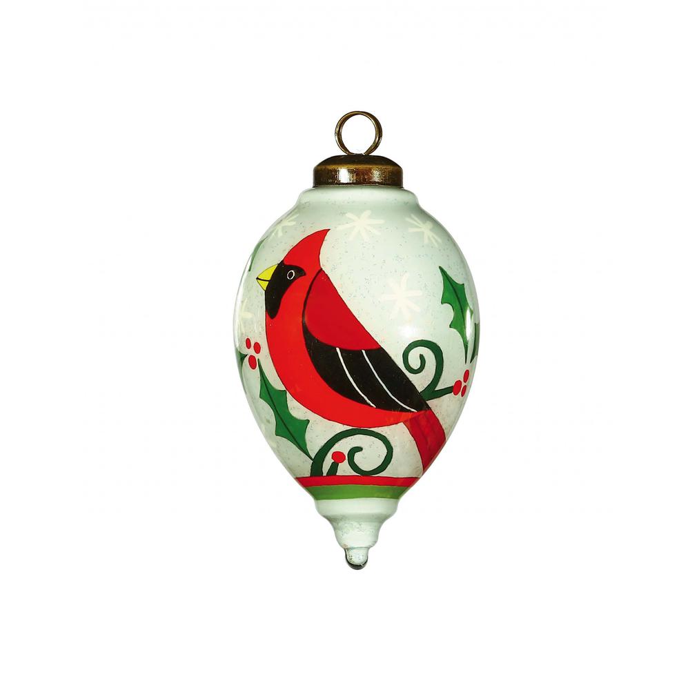 Festive Glitter Red Cardinal Hand Painted Mouth Blown Glass Ornament. Picture 1