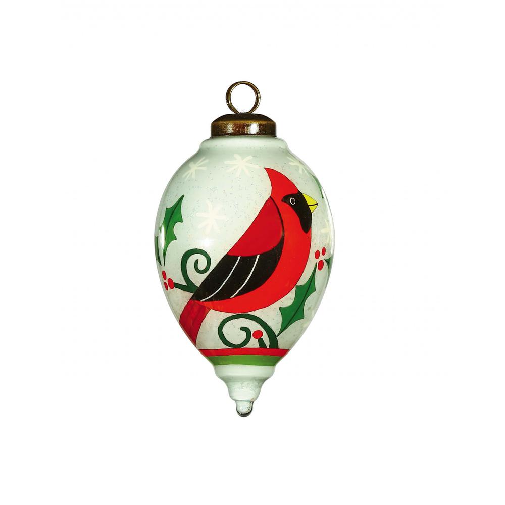 Festive Glitter Red Cardinal Hand Painted Mouth Blown Glass Ornament. Picture 2