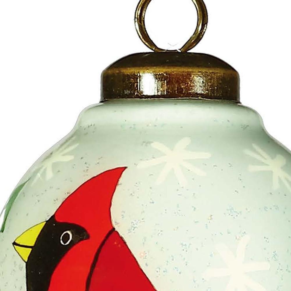Festive Glitter Red Cardinal Hand Painted Mouth Blown Glass Ornament. Picture 4