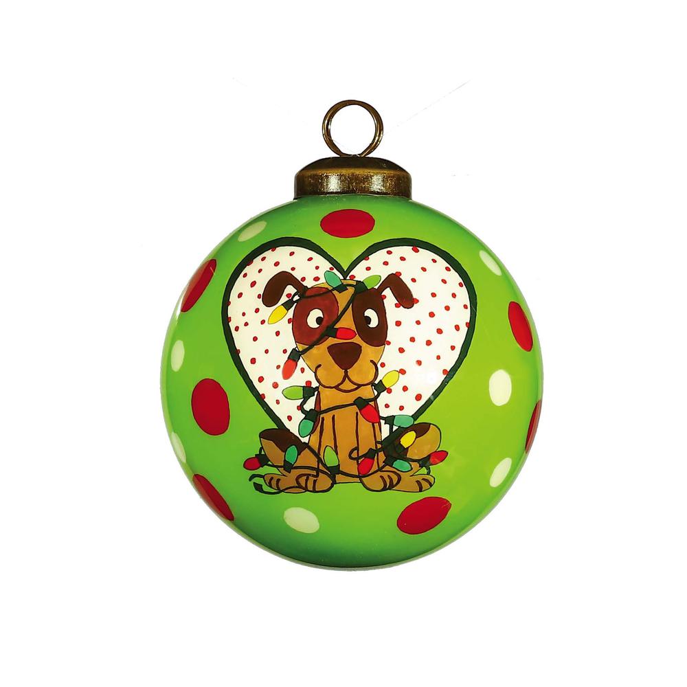 Charming Dog in a Heart Hand Painted Mouth Blown Glass Ornament. Picture 1