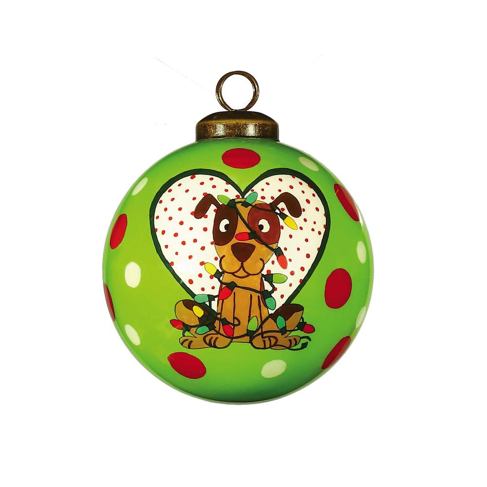 Charming Dog in a Heart Hand Painted Mouth Blown Glass Ornament. Picture 2