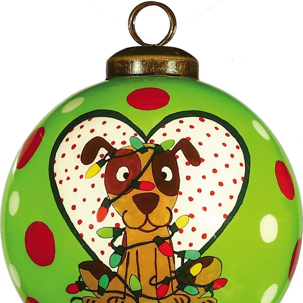 Charming Dog in a Heart Hand Painted Mouth Blown Glass Ornament. Picture 3