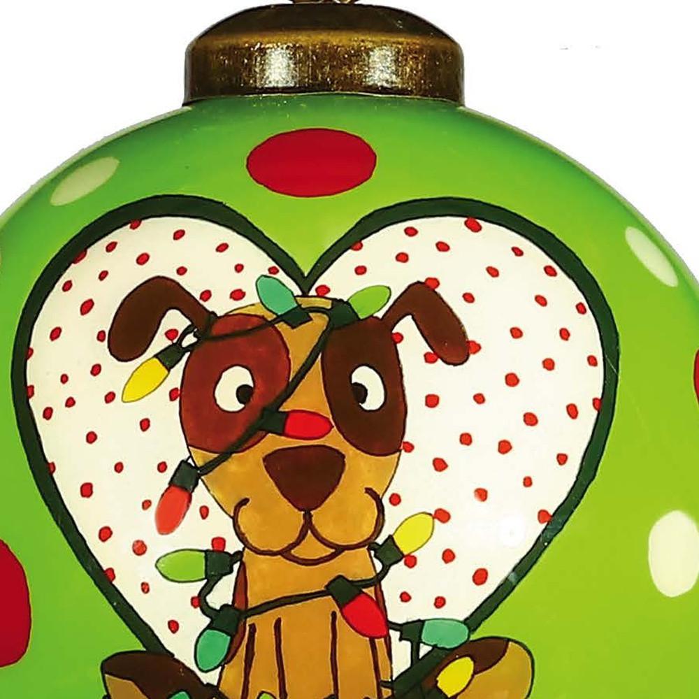 Charming Dog in a Heart Hand Painted Mouth Blown Glass Ornament. Picture 4