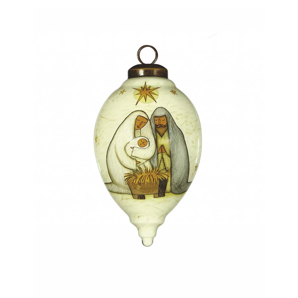 Nativity Holy Family Hand Painted Mouth Blown Glass Ornament. Picture 1
