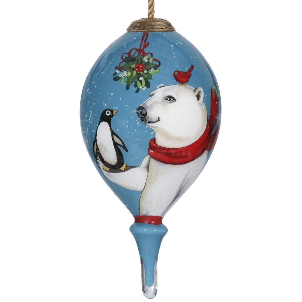 Snowy Polar Bear and Penguin Hand Painted Mouth Blown Glass Ornament. Picture 1