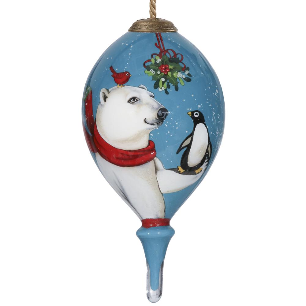Snowy Polar Bear and Penguin Hand Painted Mouth Blown Glass Ornament. Picture 2