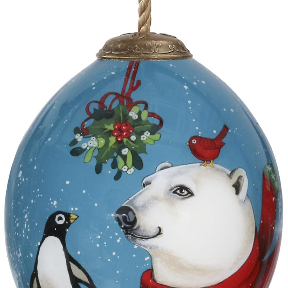Snowy Polar Bear and Penguin Hand Painted Mouth Blown Glass Ornament. Picture 3