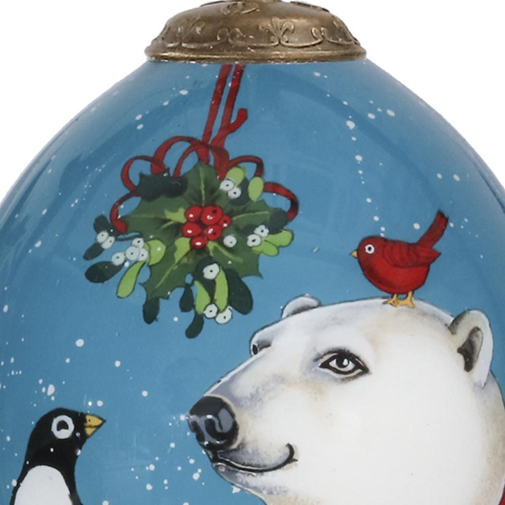 Snowy Polar Bear and Penguin Hand Painted Mouth Blown Glass Ornament. Picture 4
