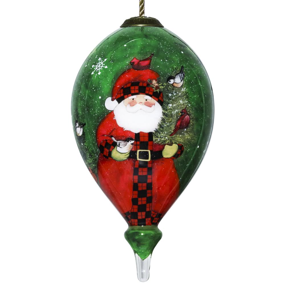 Green Plaid Santa Hand Painted Mouth Blown Glass Ornament. Picture 1