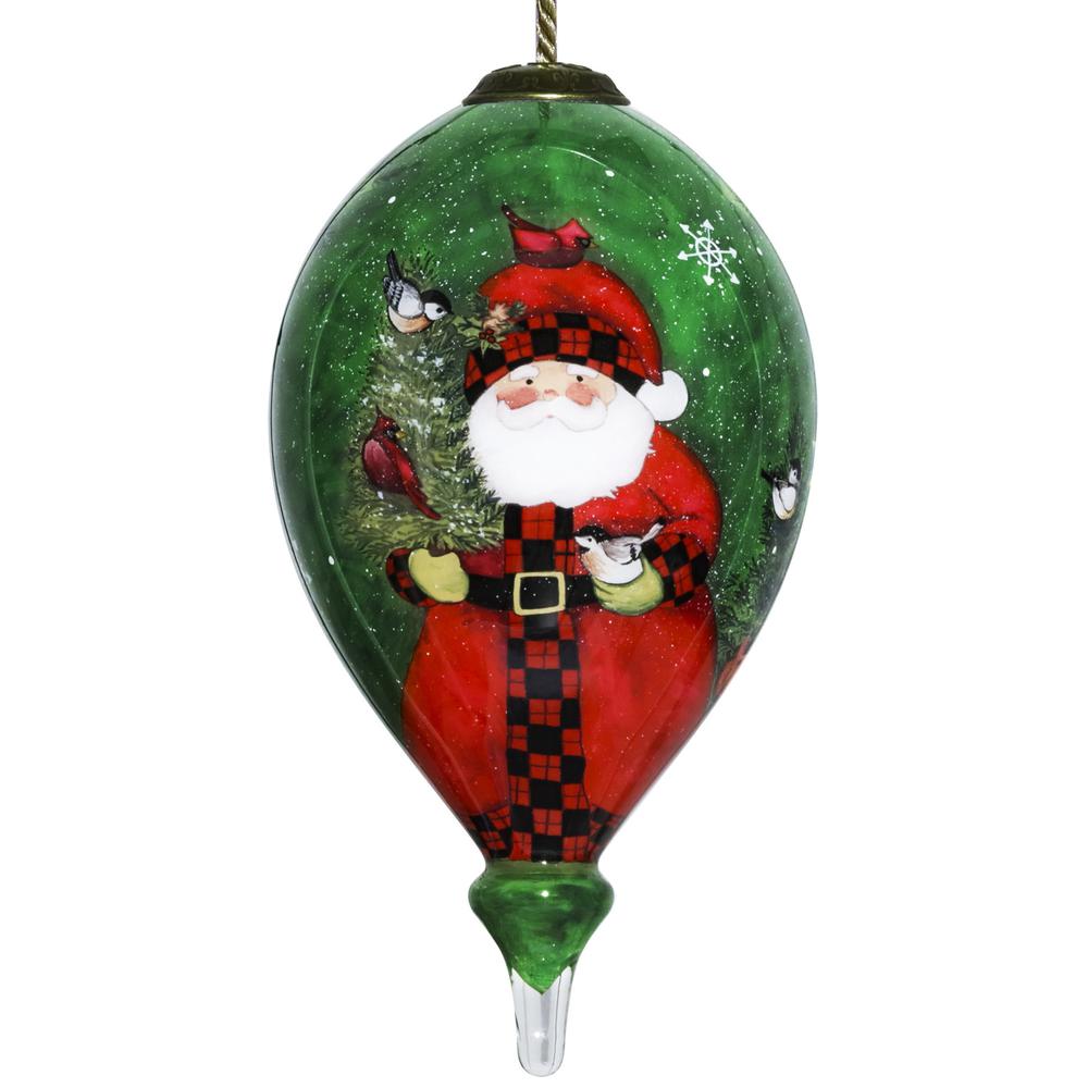 Green Plaid Santa Hand Painted Mouth Blown Glass Ornament. Picture 2