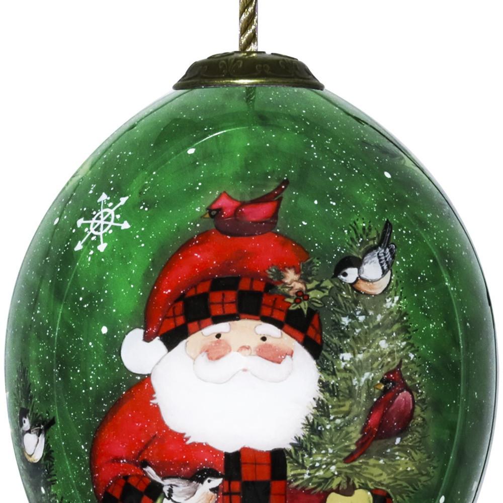 Green Plaid Santa Hand Painted Mouth Blown Glass Ornament. Picture 3